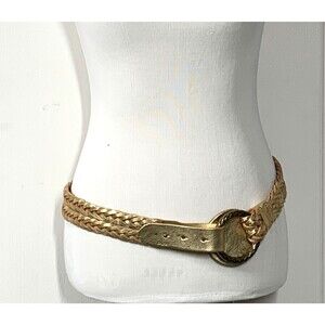 Lauren Ralph Lauren Belt Gold Leather Double Braided Brass Ring Size L Statement